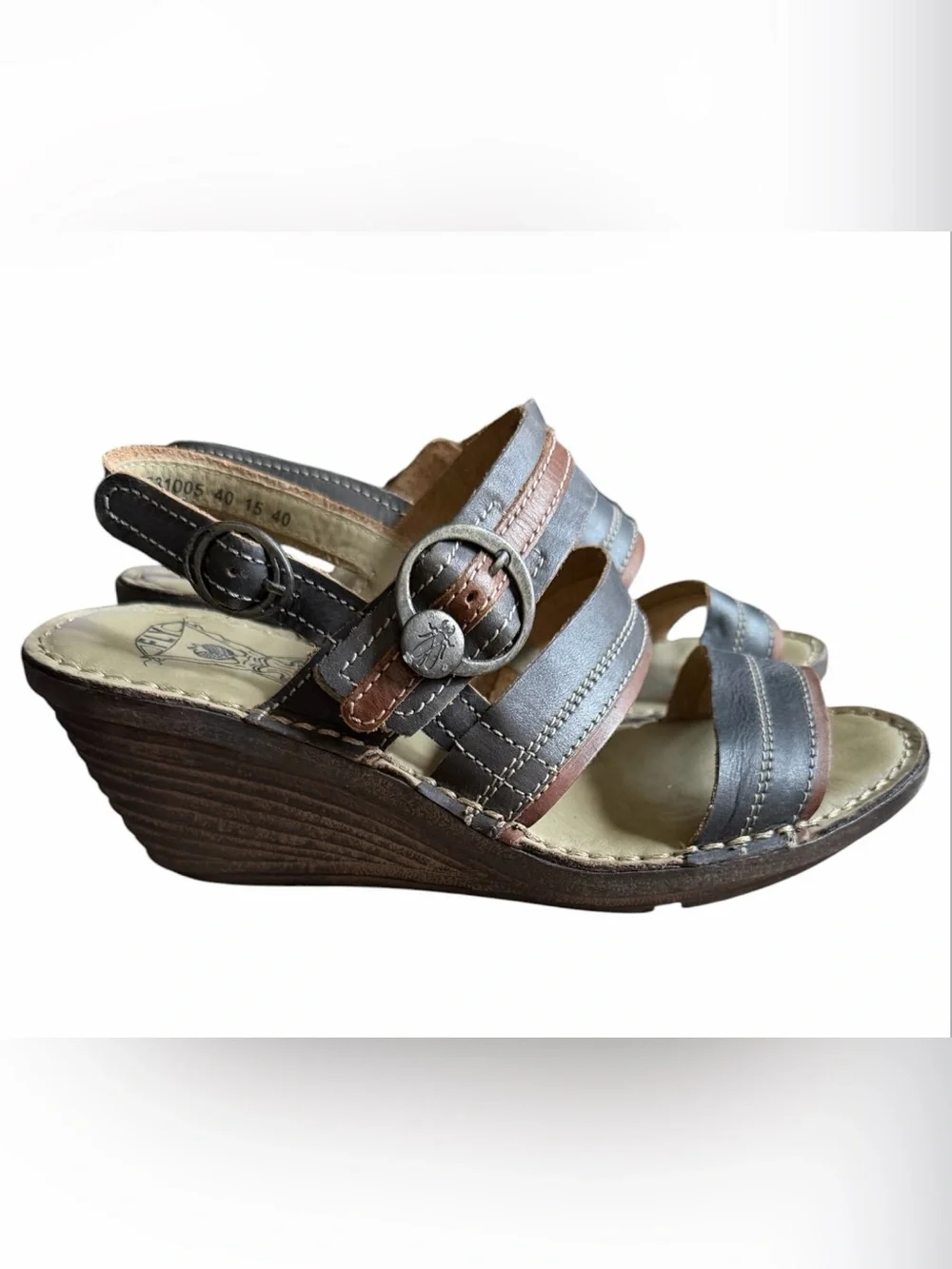 FLY London Women’s Leather Wedge Sandals Brown Multi Strap Slingback Comfort 9